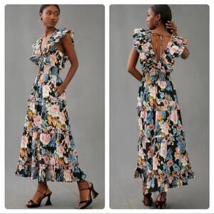 Anthropologie Love The Label Topanga Ruffled Floral V-Neck Maxi Dress